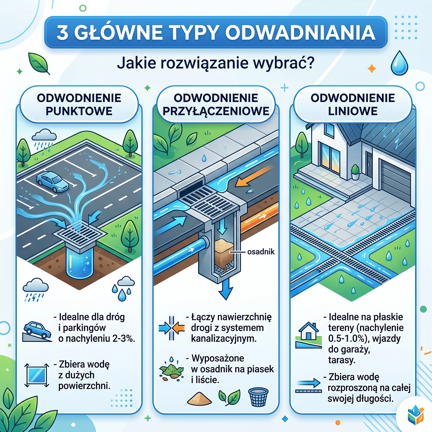 Trzy typy odwodnień: punktowe, przyłączeniowe oraz kanały liniowe